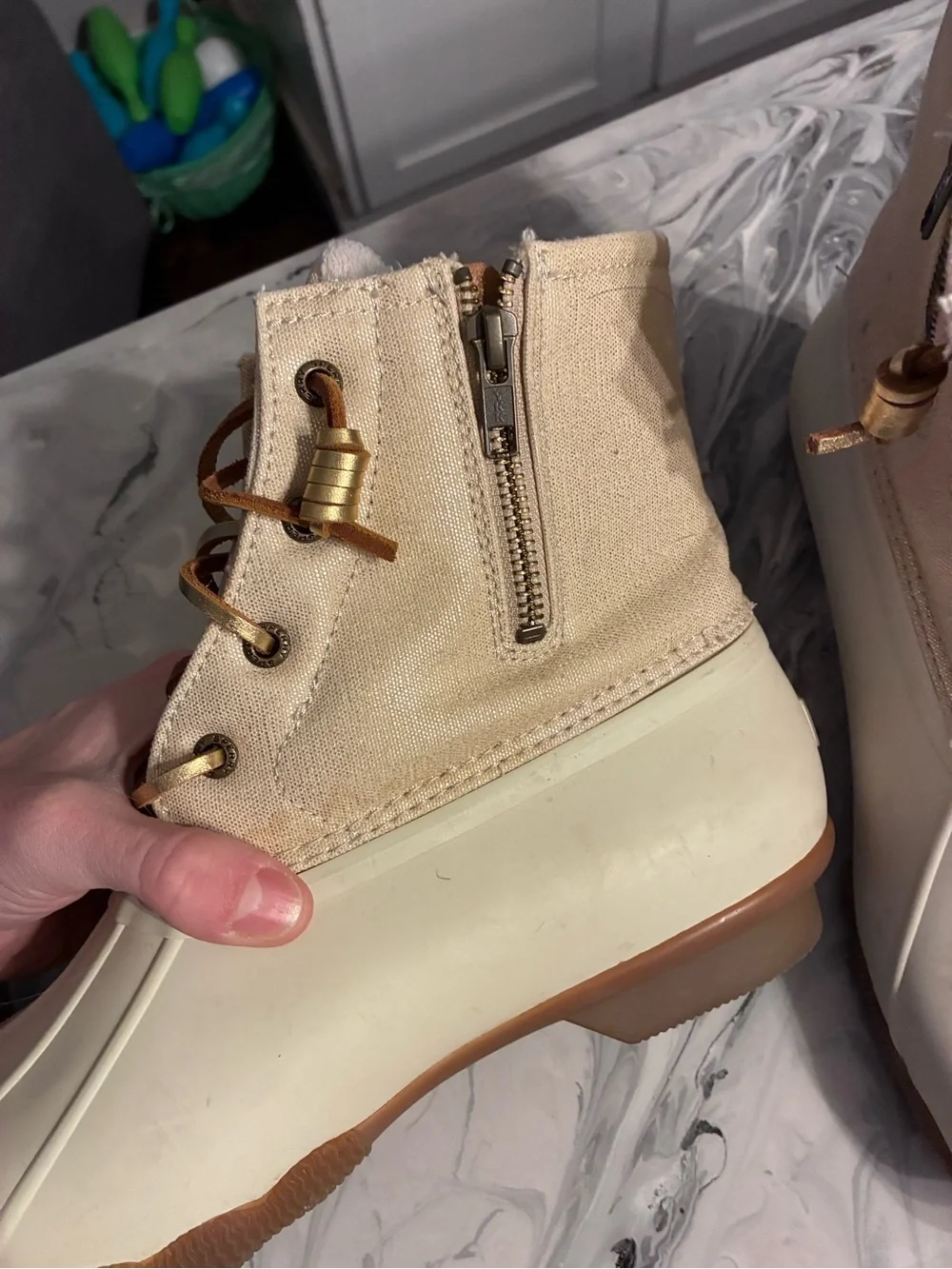 Women's Sperry Cream Gold Glitter Duck Boots with Brown Sole